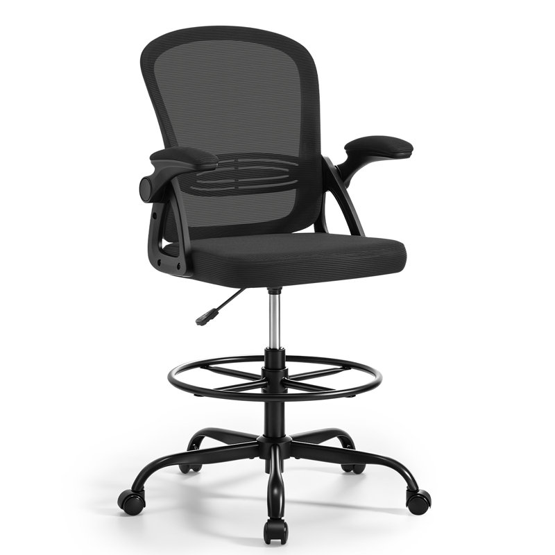 Chaise de dessinateur en filet, chaise de bureau, tabourets de bureau, chaise de dessinateur pivotante à dossier moyen, chaise de dessinateur avec repose-pieds et accoudoirs rabattables et support lombaire