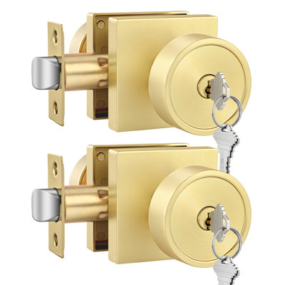Gold Entry Door Knob with Lock and Key, Zinc Alloy Keyed Alike Exterior Door Knobs for Front Door, 2 Pack