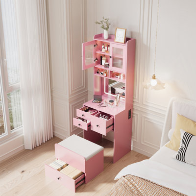 Compact Vanity, Make Up Vanity Desk with Mirror and Lights, Vanity Table Set with Charger Station