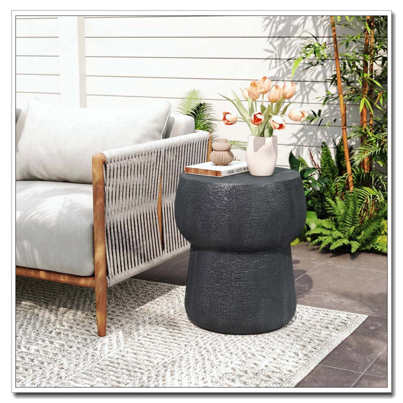 Outdoor Side Concrete Table for Patio Indoor Outdoor, Black-Double Barrel Shape
