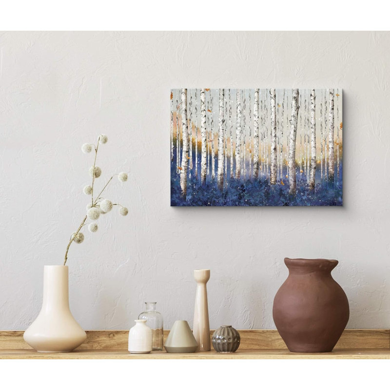 "Bouleau blanc avec forêt bleue, illustrations de nature sauvage et paysages rustiques" sur toile, Toile tendue