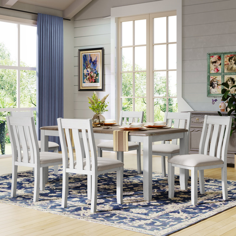Ensemble de table de salle à manger de style rétro 7 pièces avec table extensible et 6 chaises rembourrées TREXM (brun et blanc)