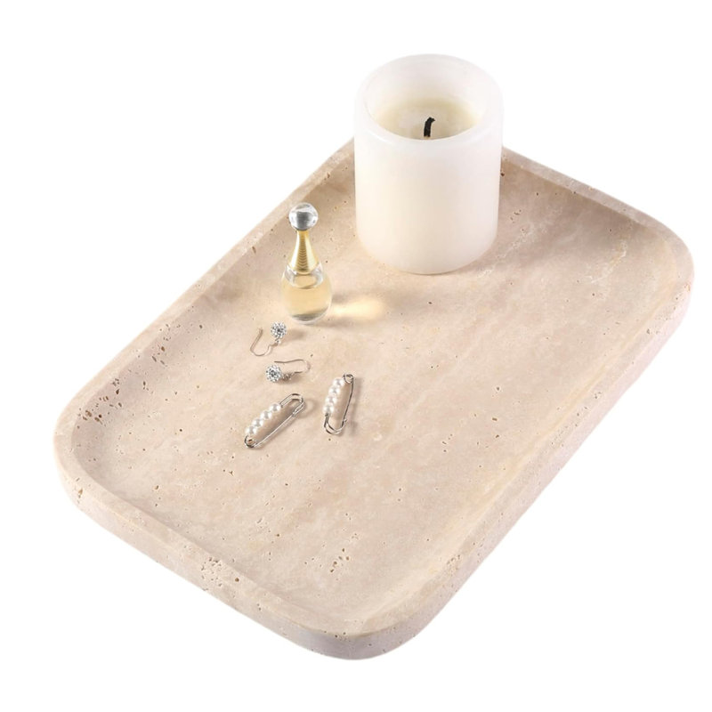 Beige Travertine Marble Vanity Tray, Decorative Storage Tray for Bathroom Countertop, Dresser, Kitchen Sink, Jewelry and Perfume Organizer