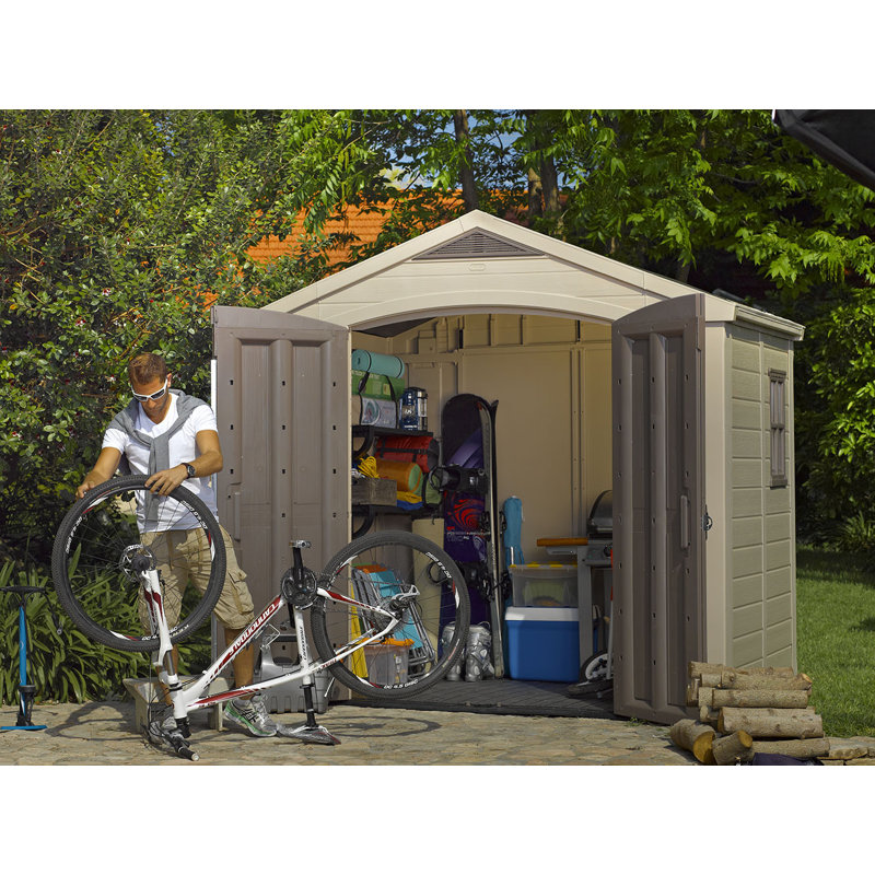 Keter Factor 8x6 ft. Durable Resin Outdoor Storage Shed With Floor and Double Doors for Garden Patio Furniture and Tools, Brown