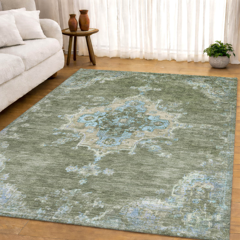 Premium Machine Washable Mayfield AMF2321 Global Rug, Basil, 5' x 7'6"