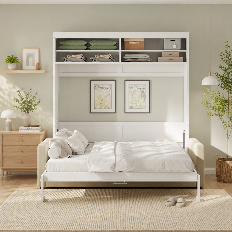 Lit escamotable Queen avec canapé intégré, lit mural gain de place pour chambre d'amis, blanc, Blanc