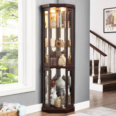 Vitrine de salon en cerisier foncé - Vitrine d'angle en verre avec tablettes réglables et système d'éclairage intégré