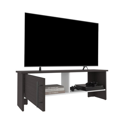 Meuble télé moderne pour téléviseurs jusqu'à 54 pouces, centre multimédia avec placard à une porte, tablette ouverte et système de gestion des câbles, noyer foncé et blanc