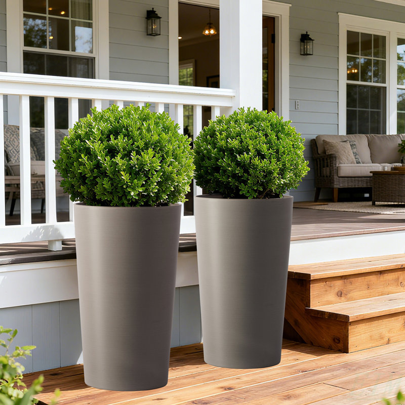 2 Pack Tall 21.7 In Planters For Outdoor Plants Modern Tall Square Planter Box Indoor Outdoor Porch Patio Flower Pot Modern Big Tapered Matte Tree Flower Pot For Garden, (Brown)