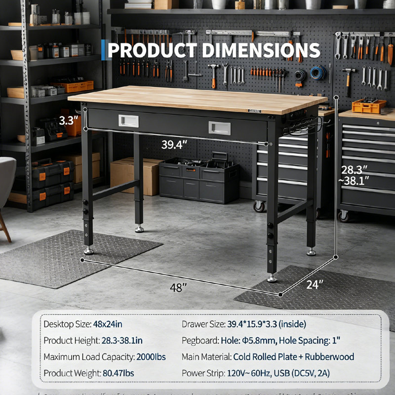 48 x 24 Inch Workbench,  Adjustable Height, with Drawer