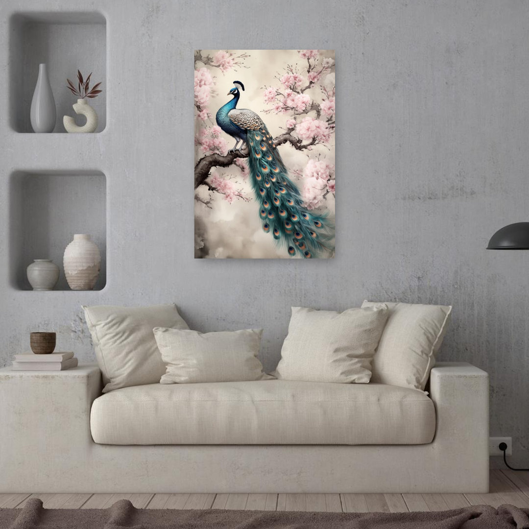 Peacock On Blossom Branch Elegant Abstract Contemporary Bird Cherry Nature Spring Wall Art Print