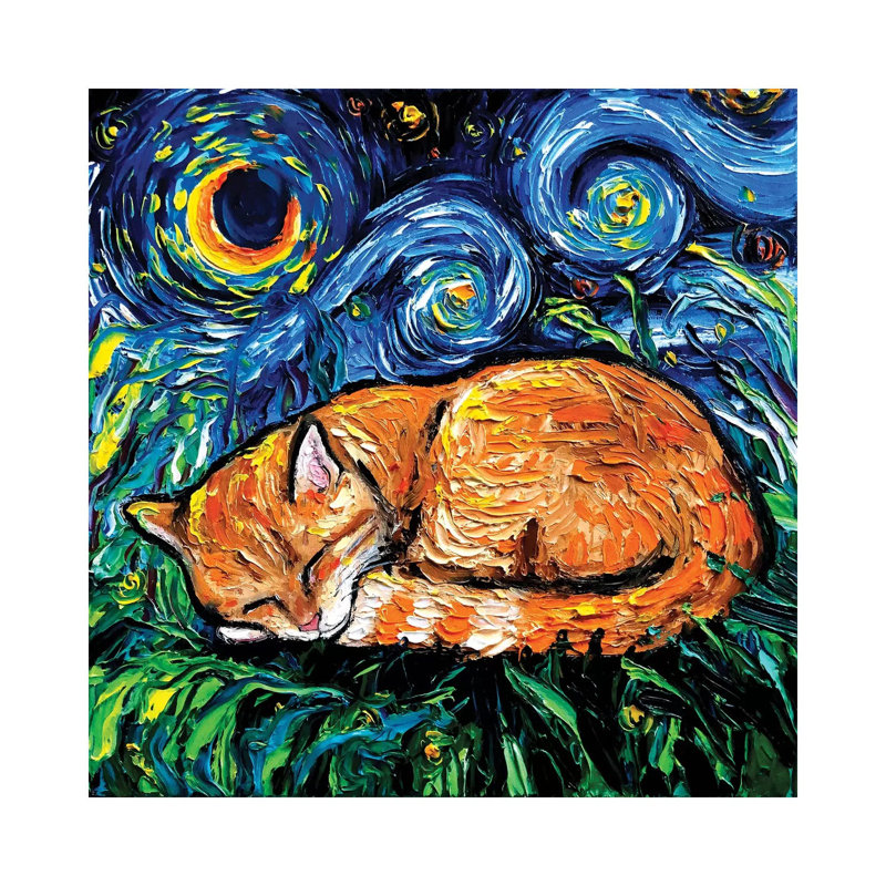 «Orange Tabby Night» par Aja Treves - reproduction d'art, H 26 po x l 26 po x P 1,5 po, Toile tendue, Pas de tapis