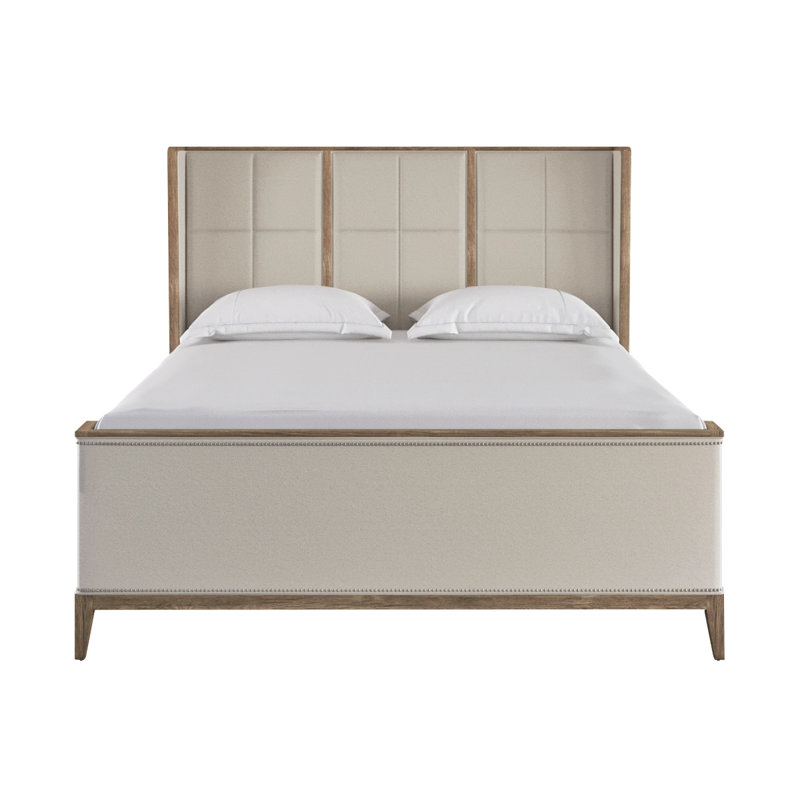 California King Beige Upholstered Oak Bed with Nailhead Trim