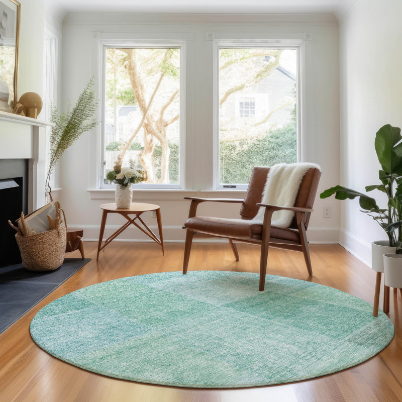 Premium Machine Washable Prisco Teal Rug, Round 8'