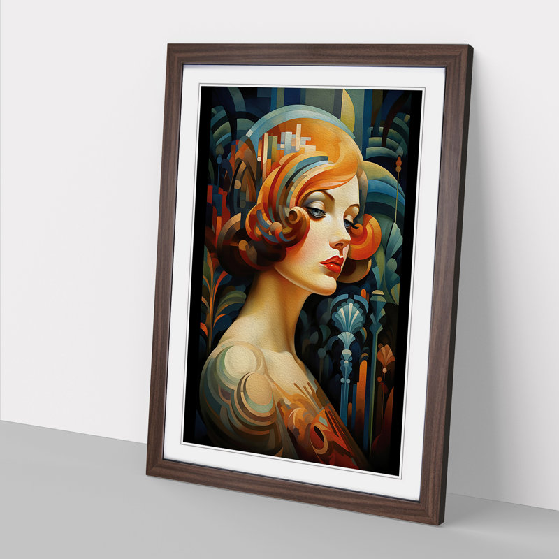 XYZ-FRM-V1223-1711 Woman With Curls Art Deco - Single Picture Frame Print on Wood, 46cm H x 34cm W x 2cm D, Walnut 