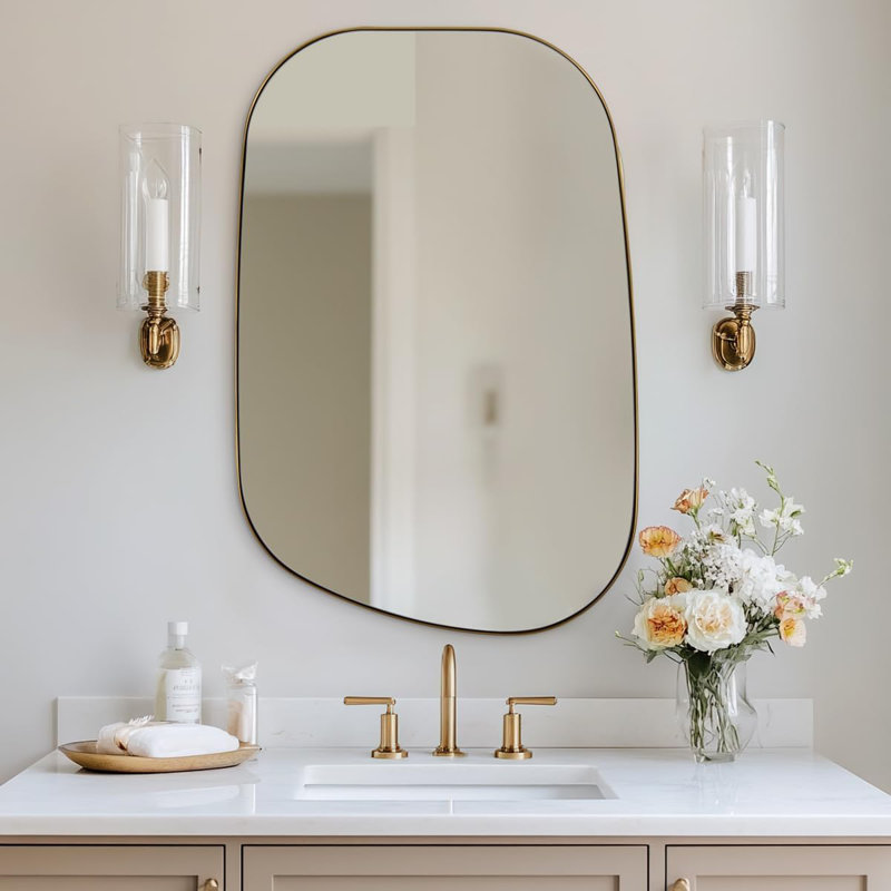 Huldrik Asymmetrical Irregular Bathroom Vanity Mirror | Stainless Steel Frame, Brushed Gold, 40" x 30"