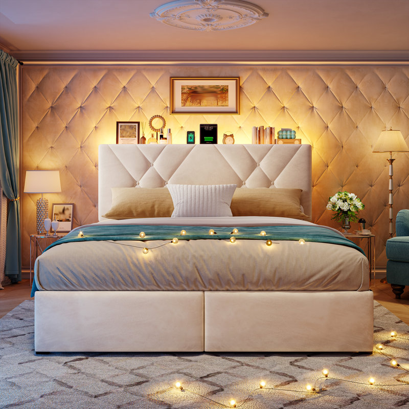 Velvet Upholstered Queen Bed Frame With Adjustable Headboard And Led Light, Platform Bed Frame With 2 Storage Drawers And Charging Station