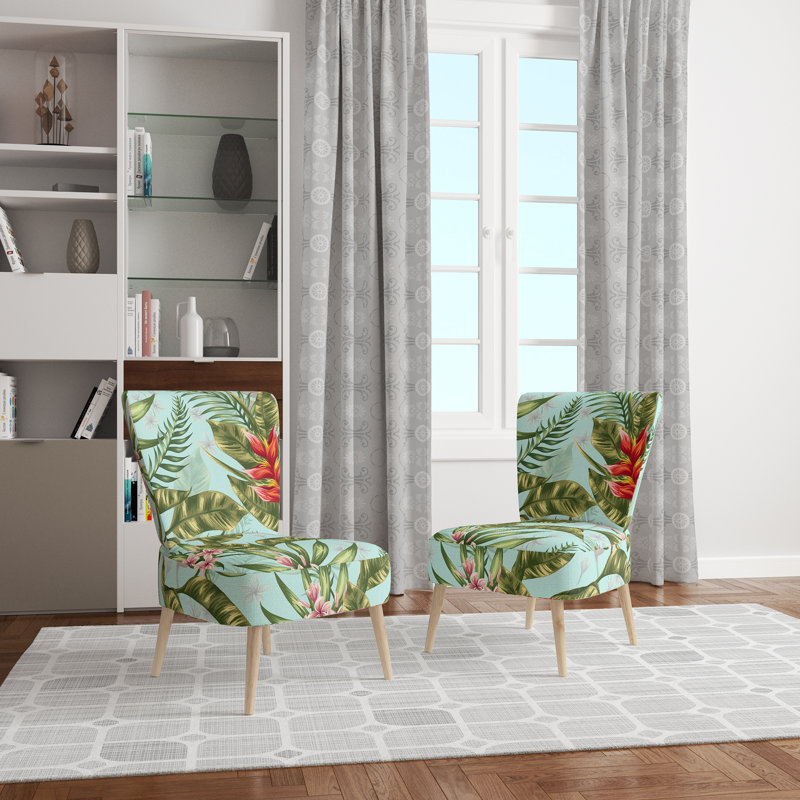 Upholstered Floral Side Chair - Modern floral Accent Chair, Floral Tropical Green Polyester Blend