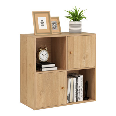 Bibliothèque à 4 cubes avec placards, unité de rangement à 3 niveaux, double système anti-basculement, charnières réglables et patins de protection pour le sol, couleur naturelle