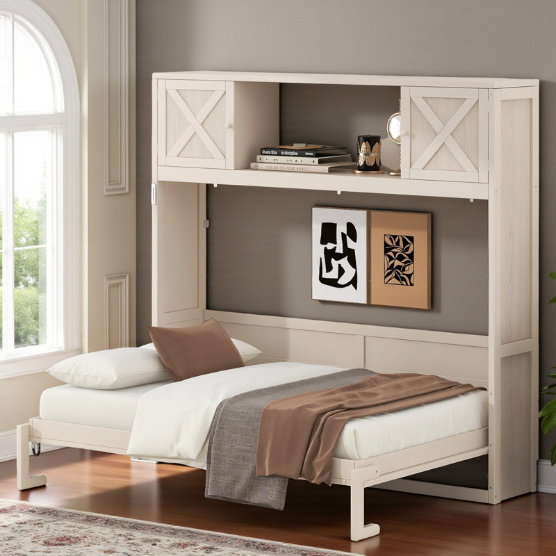 Full Size Murphy Bed With Storage, Beige