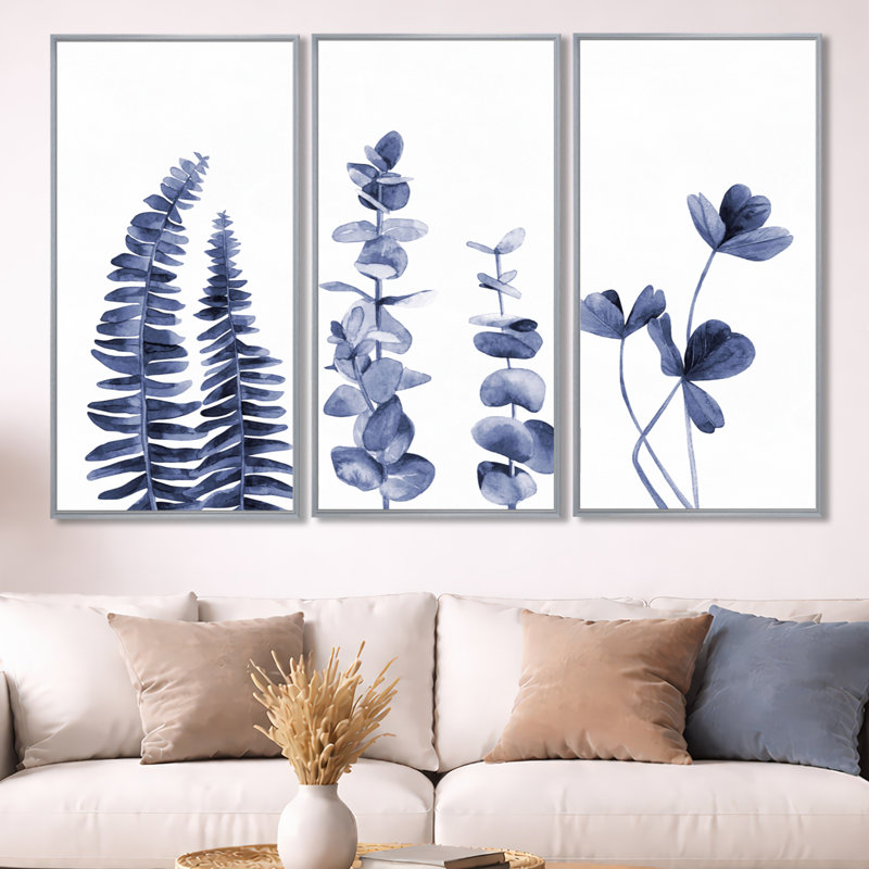 " Navy Blue Eucalyptus I " 3 - Pieces, 40" H x 60" W, Silver