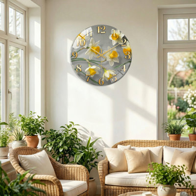 Daffodil Floral Modern Decorated Glass Wall Clock Home Decor Art-23.6"