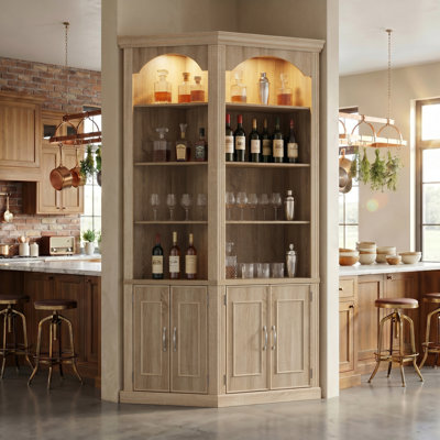 Corner Wine Bar Storage Cabinet With LED Light, 8 Open Shelves & 2 Cabinets