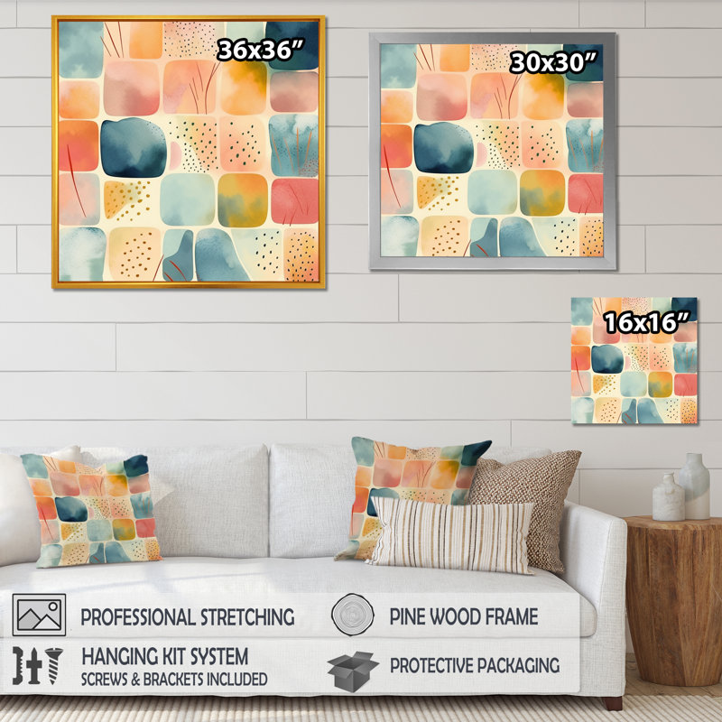 «Orange Fun Pattern Of Shapes III», art mural abstrait géométrique, H 16 po x l 16 po x P 1 po, Cadre flottant noir