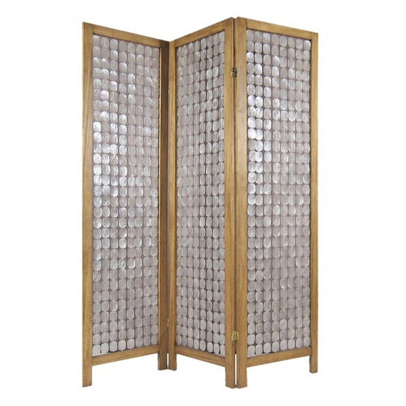 3-Panel Brown and Silver Wooden Folding Screen with Pearl Motif