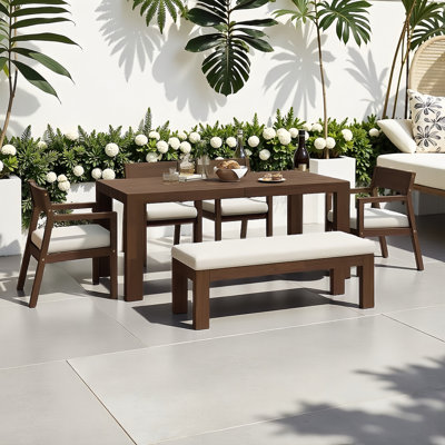 Ensemble de salle à manger pour 6 personnes avec trou pour parasol, table rectangulaire en bois d'acacia de 71 po, 4 chaises et 1 banc avec coussins amovibles pour patio, cour, bord de piscine, résistant aux intempéries
