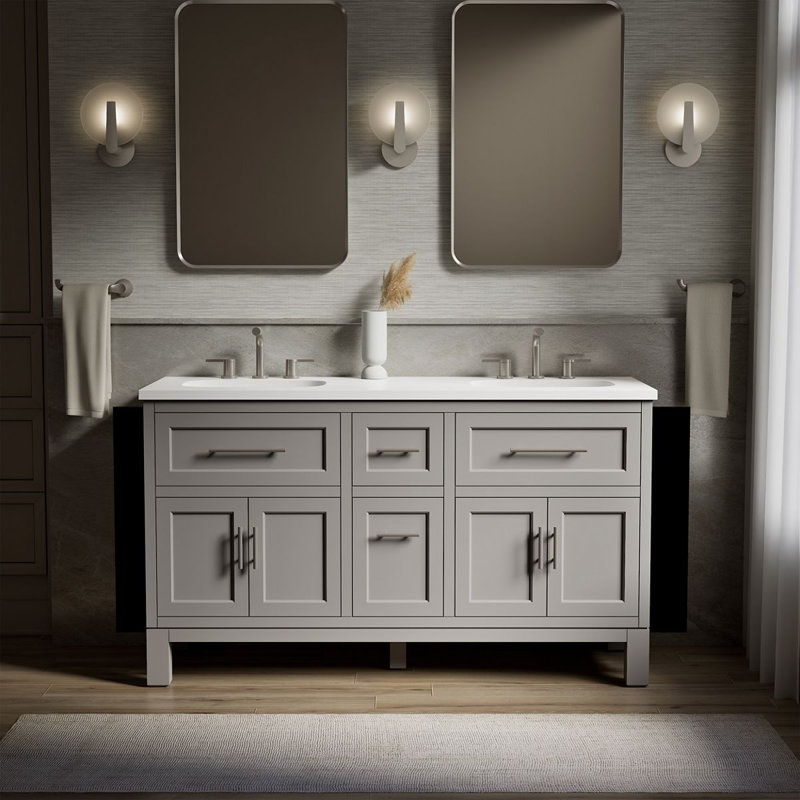 Quo Wall Mounted Single Bathroom Vanity with Solid Wood Top, Mohair Gray, 61"