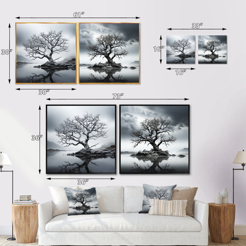 «Stormy Grays Tree Emotion», 2 pièces, Encadrement brun, H 30 po x l 61 po