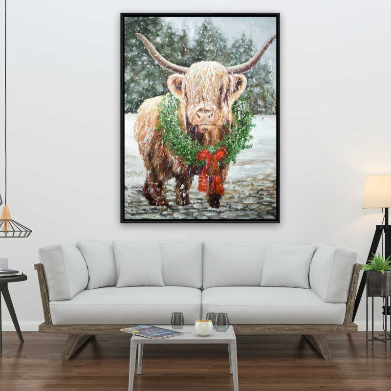 Highland Christmas Cow - Décoration rustique sur toile encadrée