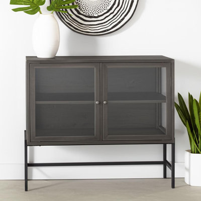36" Brown and Black Solid Wood and Metal Display Cabinet With Two Doors