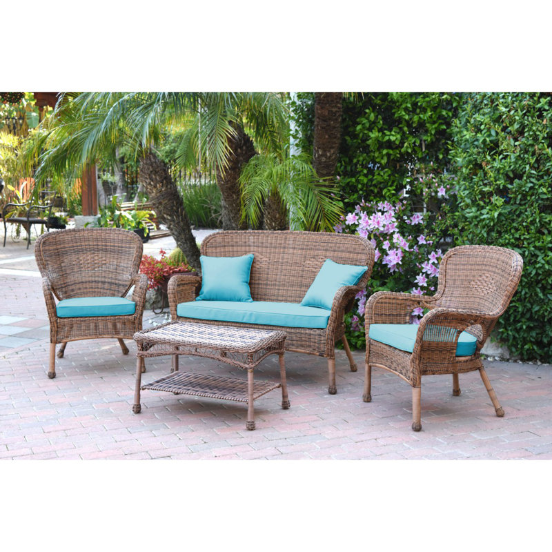 Bellas 4 Piece Sofa Set with Cushions, Honey, Sky Blue