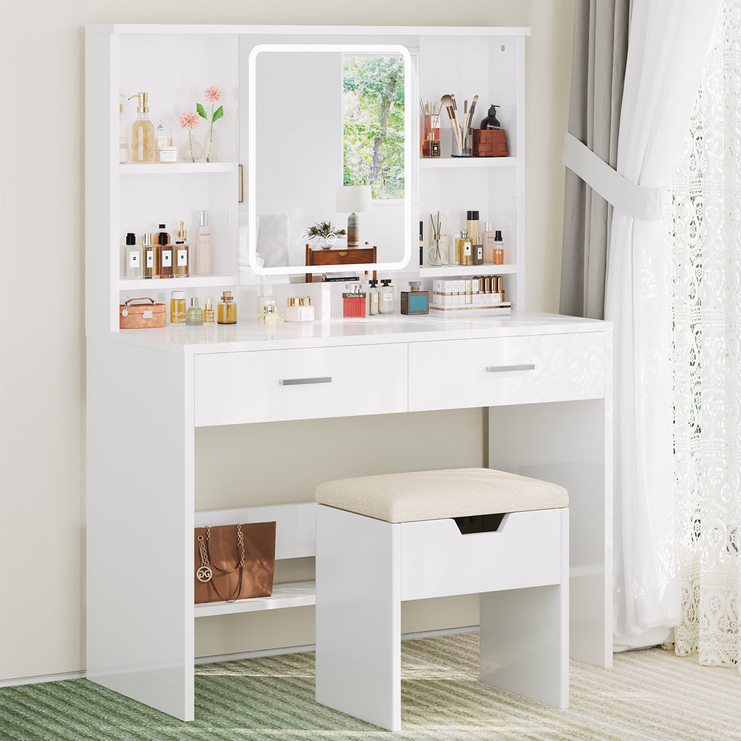 Dressing Table With Stool LED Lights Makeup Desk With Jewelry Cabinet