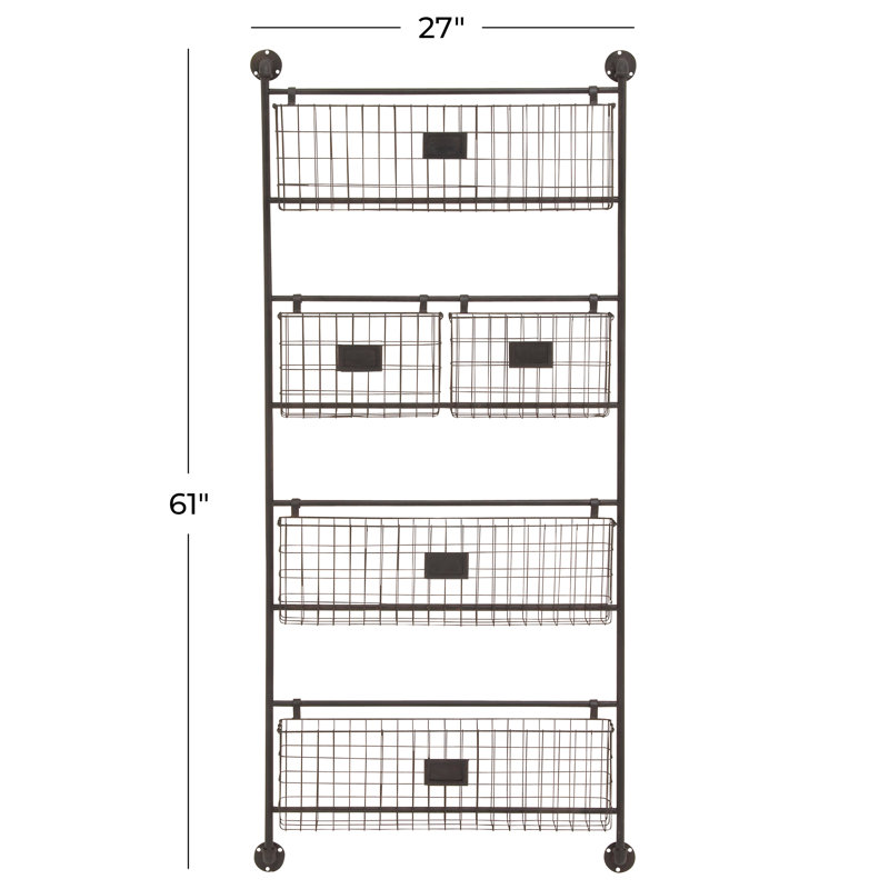 Black Charlotin Metal Tall Wire 5 Slot Magazine Rack Holder with Suspended Baskets and Label Slots, 61" H x 27" W x 5" D