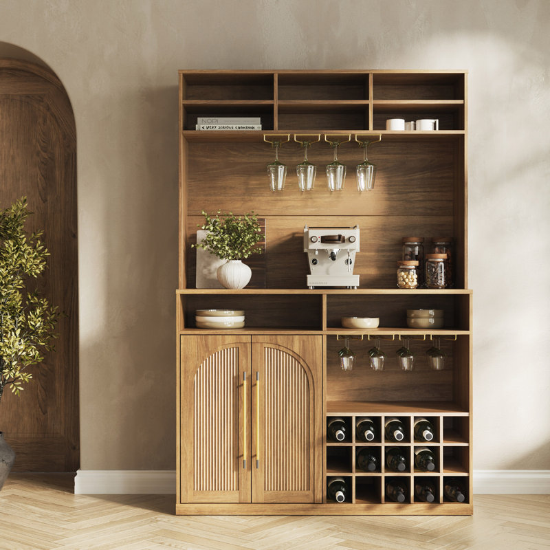 72"Tall Bar Cabinet w/Wine Rack & Stemware Glass Holders, Camel