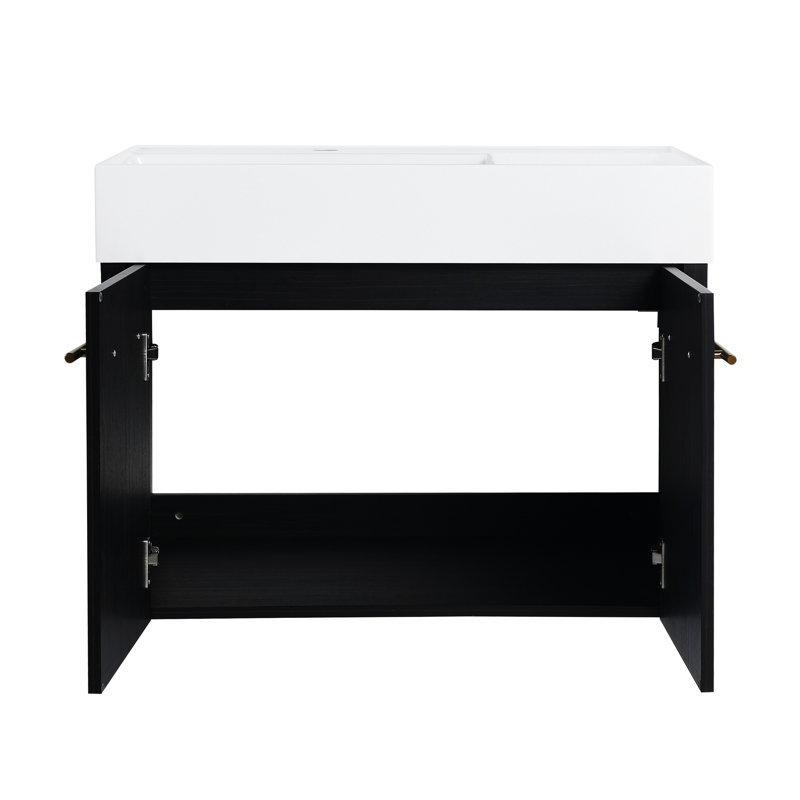 Meuble-lavabo de salle de bain de 30 po, lavabo en résine épaisse, armoire à double porte pour le rangement, fonction de fermeture en douceur, et trois supports de rangement séparés, couleur de châtaignier noir avec armoire à rebord, mécanisme, chatoiement