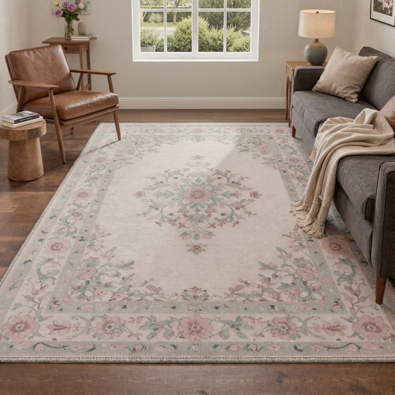 Veridian Floral Machine Washable Pink / Green Indoor Area Rug with Non-Slip Backing, Round 5'