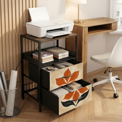 Table de chevet 2 tiroirs avec station de charge, table de chevet pour chambre à coucher avec ports USB, tablette ouverte noire, table de chevet avec motif abstrait de fleur d'oranger et feuilles noires, impression aquarelle beige