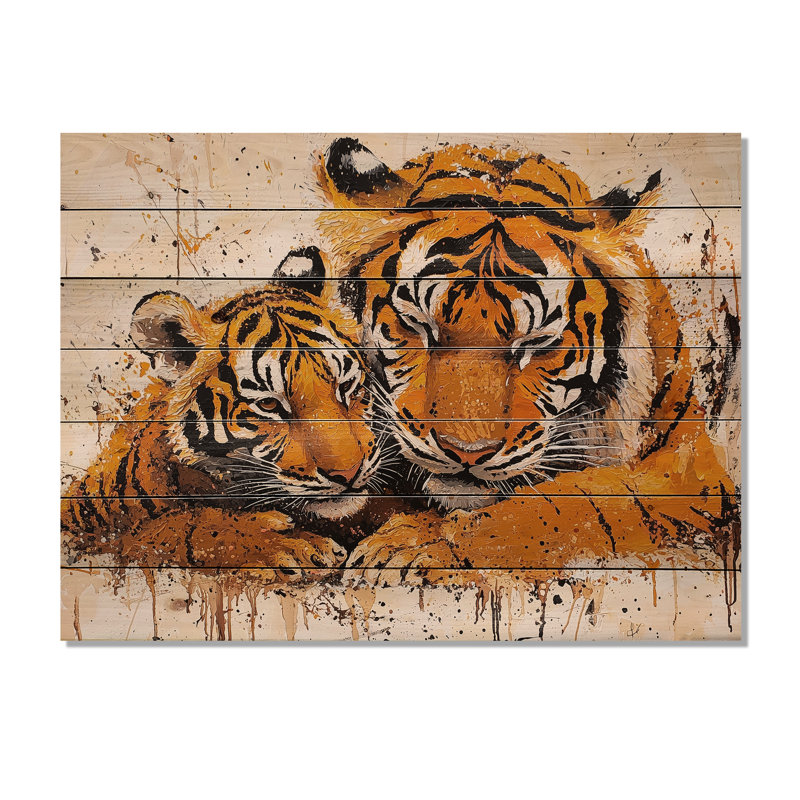 Tiger Family Bonding I - Décoration murale moderne en bois sur bois de pin naturel, H 10 po x l 20 po