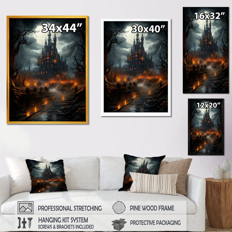 «Haunted Castle At Nightfall I - Châteaux», art mural, Cadre simple blanc, H 44 po x l 34 po x P 1,5 po