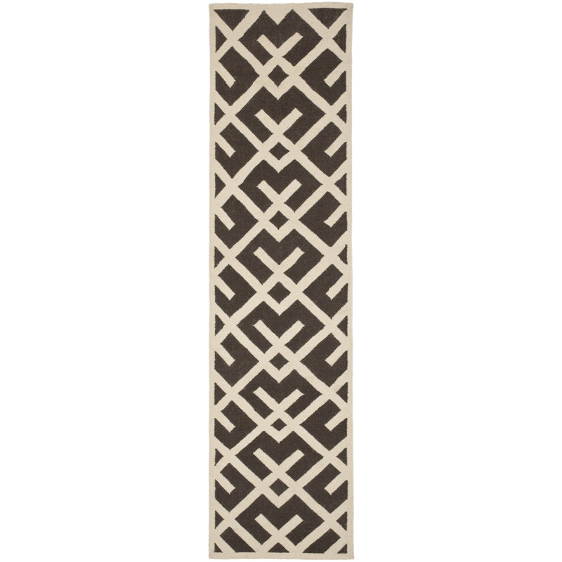 Fung Hand Woven Flat Weave Wool/Cotton Geometric Rug in Brown/Ivory, Runner 2'6" x 12'