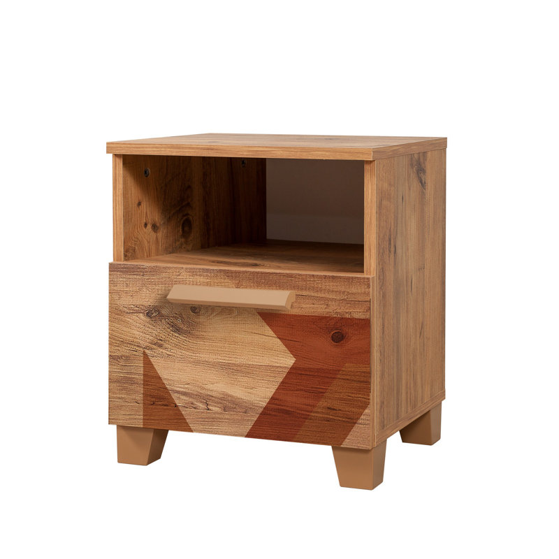 Modern Nightstand with Abstract Design, Atlantic Pine Finish, 17.7 x 20.5 x 15.7 inches | 100% Melamine Coated Particle Board, PVC Edge Banding, MDF Handles | Wall-Mountable, Multiple Shelves, Stylish & Functional Storage Solution