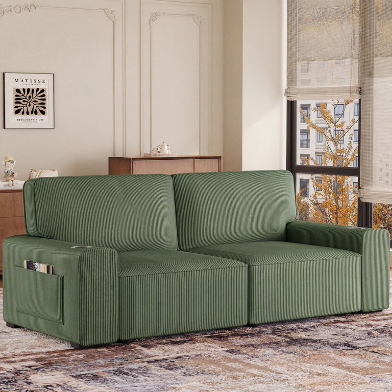 Modern Loveseat Sofa For Living Room, 87-Inch Corduroy Sofa, Spring Cushions, Solid Wood Frame, Easy Assembly For Small Spaces - Green
