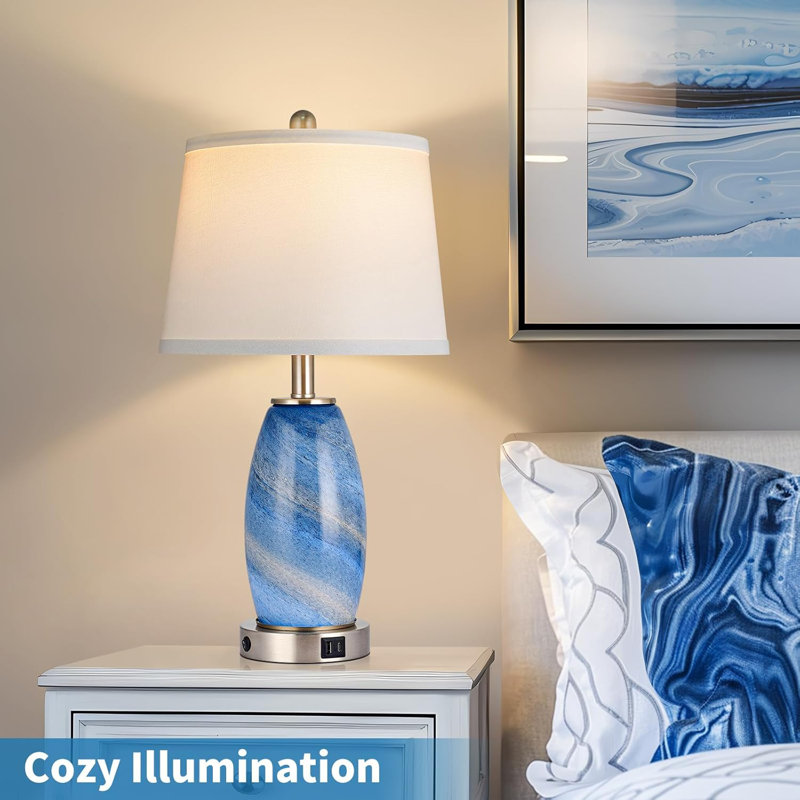 Blue Textured Glass 3-Way Table Lamps with USB Ports, Set of 2