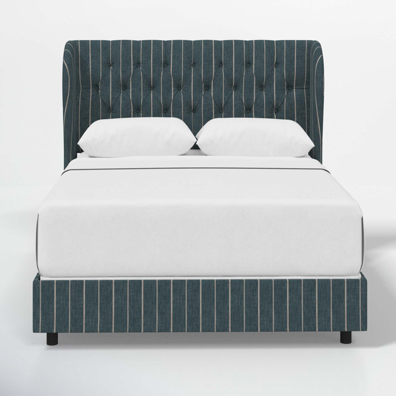Tomey Upholstered Wingback Bed, King, Fritz Indigo Stripe