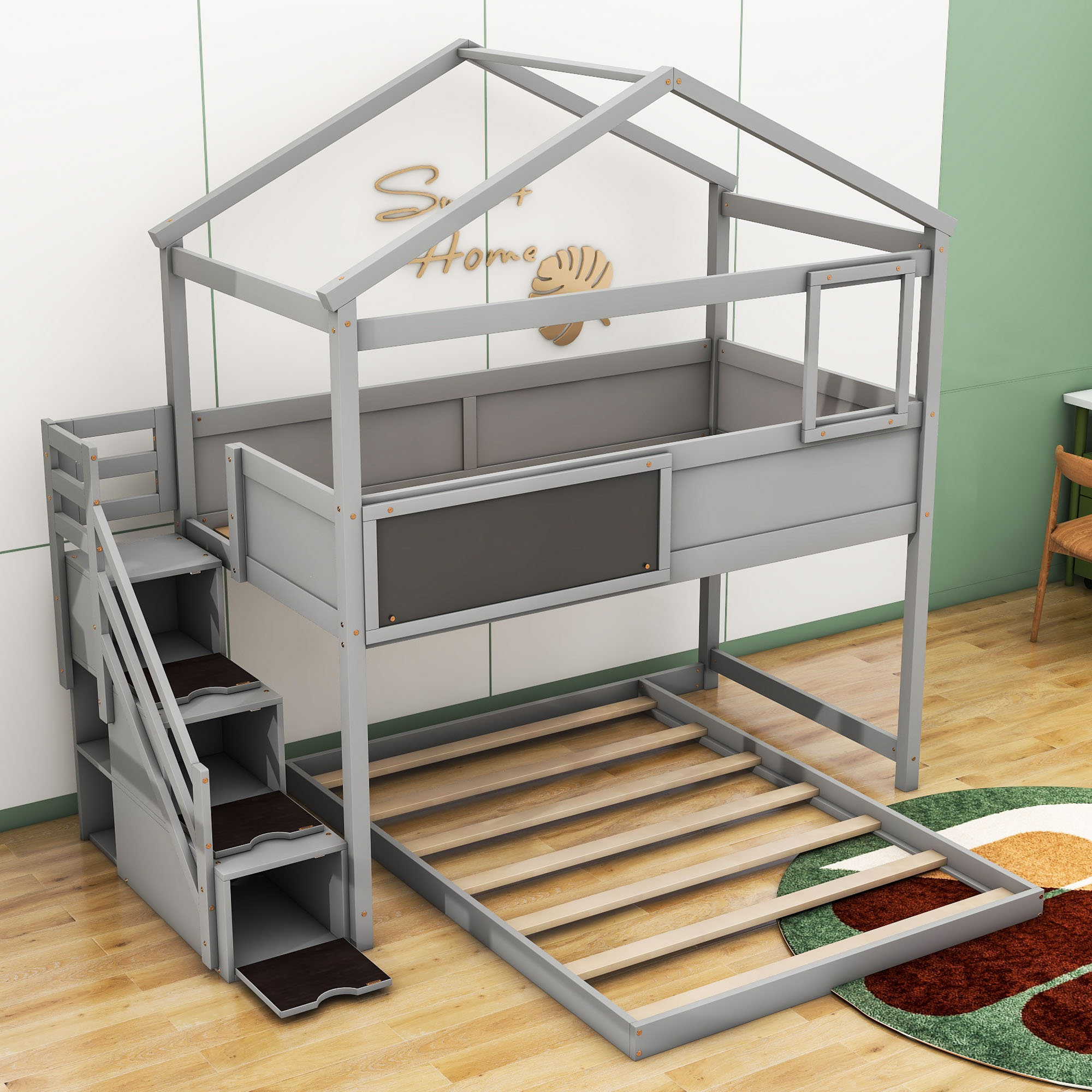 Harper Orchard Twin Over Full 3 Cabinets House Bunk Bed With Staircase ...