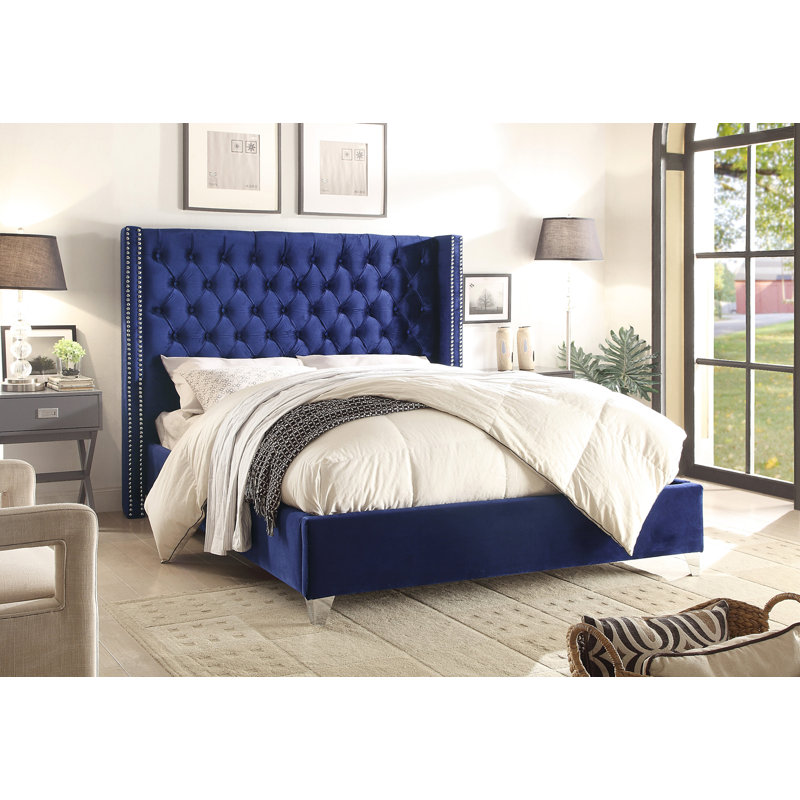 Upholstered Wingback Bed, King, Blue